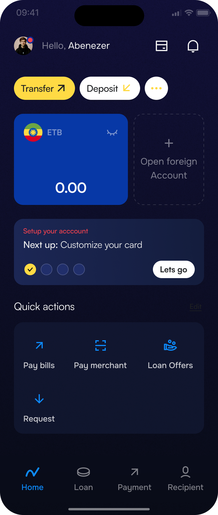 Novalut mobile banking home with accounts and quick actions